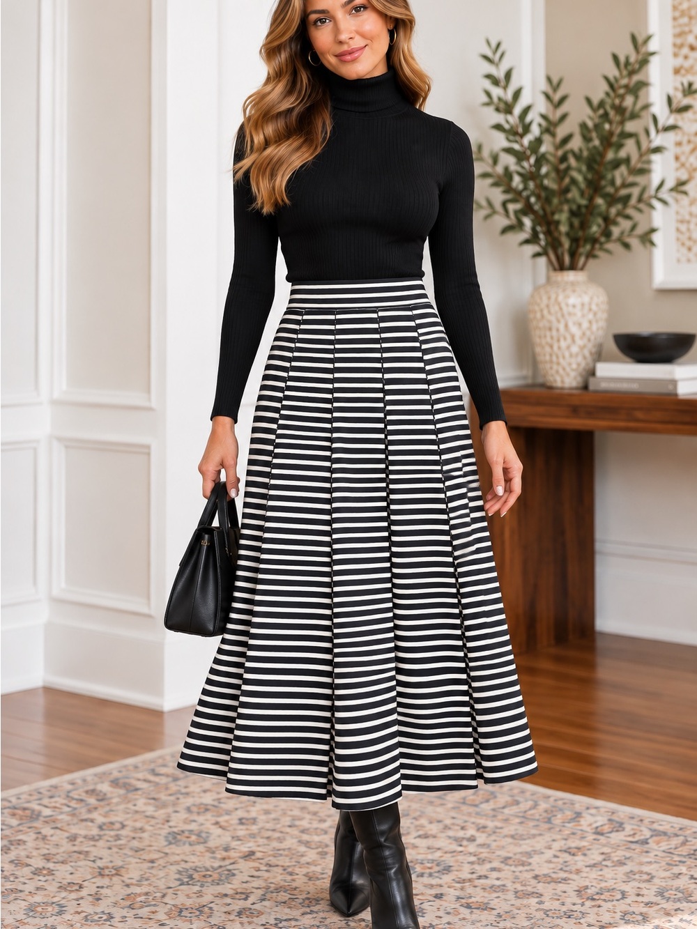 Umgee Black and White Striped Midi Skirt cotton blend